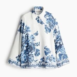 H&M Blue Floral Linen Popover Blouse White Long Sleeve Button Down Size M